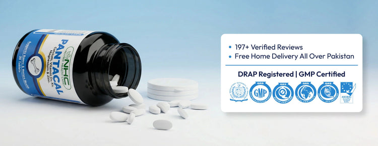 Pantacol supplement bottle with scattered pills on a light blue background, featuring certification logos.
