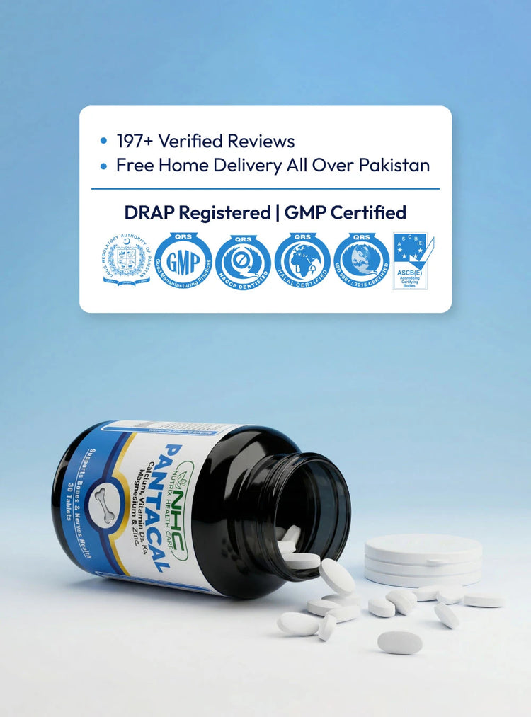 Pantneal supplement bottle with scattered pills on a light blue background