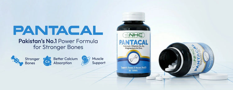 Pantacal supplement bottle with packaging on a light blue background