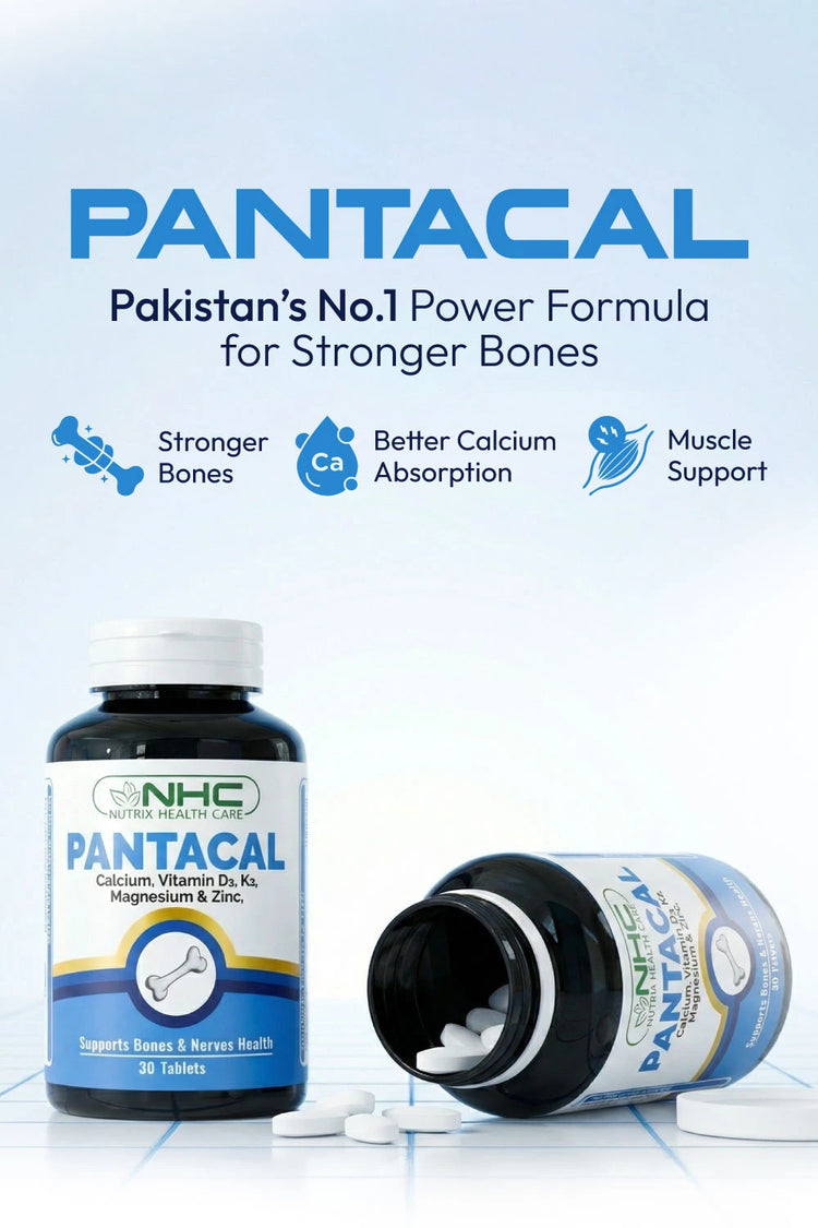 Pantacal supplement bottle with packaging on a light blue background