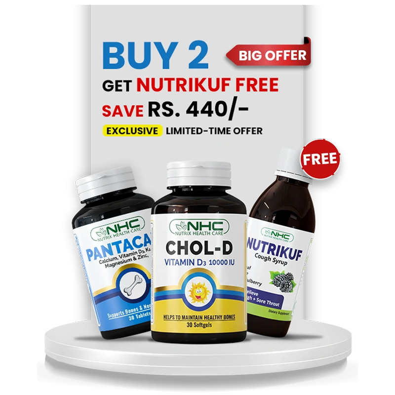 Nutrix Health Care winter bundle showing Pantacal bone health tablets, Chol‑D Vitamin D3 softgels, and Nutrikuf cough syrup with promotional text ‘Buy 2 get Nutrikuf free’ and savings offer