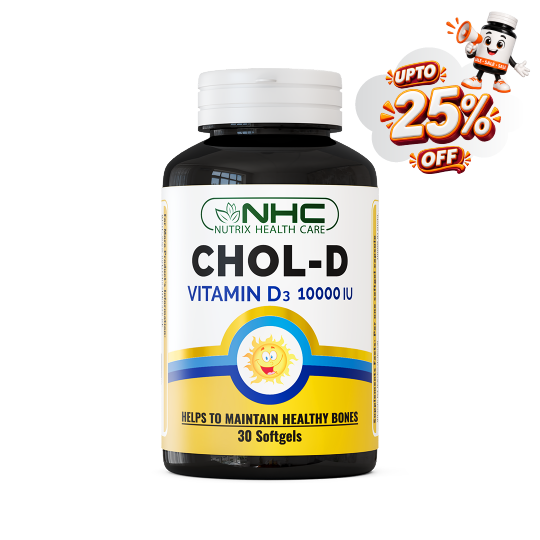 A bottle of NHC Chol-D Vitamin D3 10000 IU softgels, featuring a white and yellow label with a blue band, shown on a white background with a promotional 'UPTO 25% OFF' badge in the top right corner.