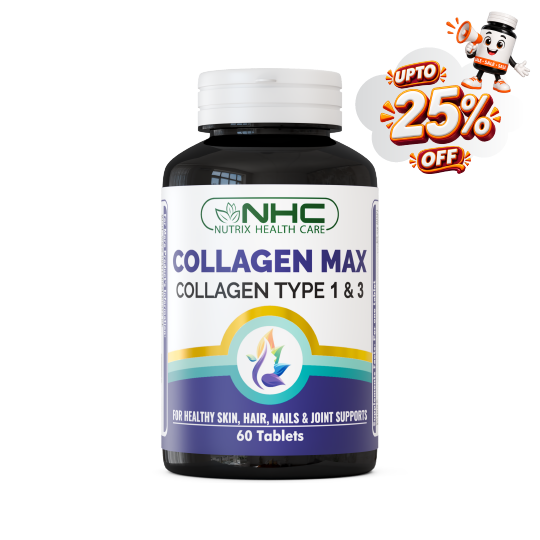 A bottle of NHC Collagen Max dietary supplement with a white cap and a white label featuring green and purple branding, shown on a white background with a promotional 'UPTO 25% OFF' graphic in the top right corner.