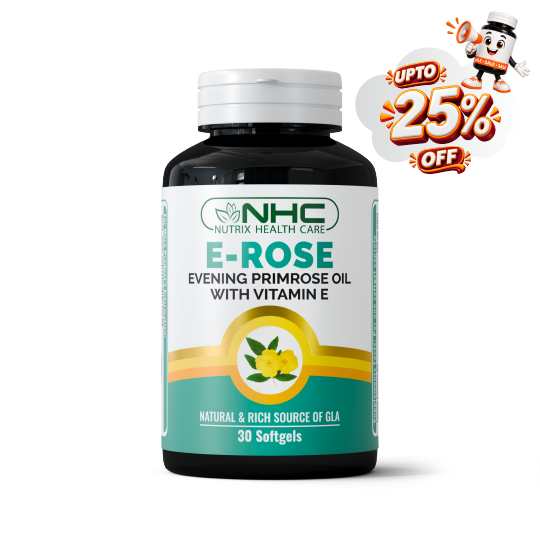 A bottle of NHC Nutrix Health Care E-Rose Evening Primrose Oil with Vitamin E softgels, shown on a white background with a promotional 'UPTO 25% OFF' cartoon badge in the top right corner.