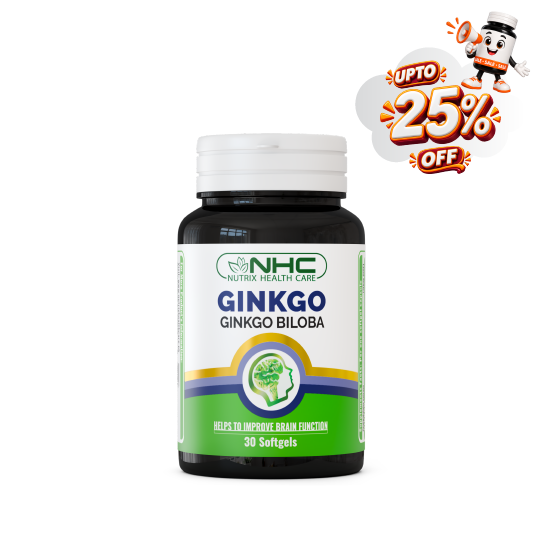 A bottle of NHC Nutrix Health Care Ginkgo Biloba softgels on a white background, featuring a promotional badge in the top right corner offering up to 25% off.