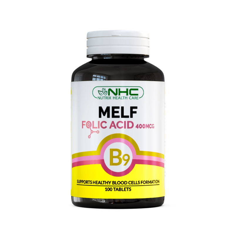 NHC Melf Folic Acid 400mcg (Vitamin B9) supplement bottle, 100 tablets, front view