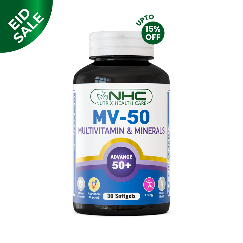 MV‑50 multivitamin softgel bottle, vitamins & minerals formula