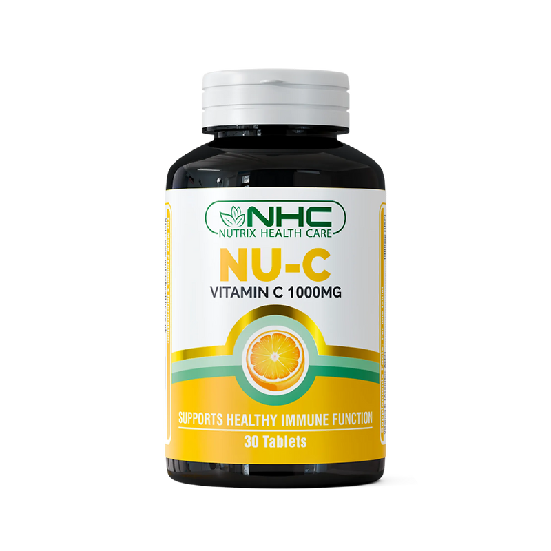 NHC Nutrix Health Care NU-C Vitamin C 1000mg dietary supplement bottle front label with orange graphic, supports healthy immune function, 30 tablets