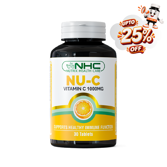 A bottle of NHC Nutrix Health Care NU-C Vitamin C 1000MG tablets, featuring a white and yellow label with an orange slice graphic, set against a plain white background with a promotional 'UPTO 25% OFF' badge in the top right corner.