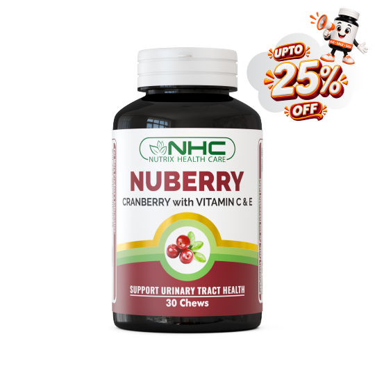A bottle of NHC Nutrix Health Care Nuberry Cranberry chews, featuring a white cap and a white label with red and green accents, set against a plain white background with a promotional 'UPTO 25% OFF' badge in the top right corner.