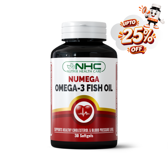 A bottle of NHC Numega Omega-3 Fish Oil softgels on a white background, featuring a promotional badge in the top right corner offering up to 25% off.