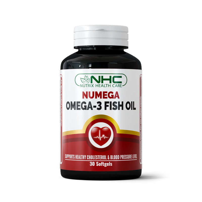 NHC Nutrix Health Care Numega Omega-3 Fish Oil supplement bottle, 30 softgels, supports healthy cholesterol and blood pressure levels
