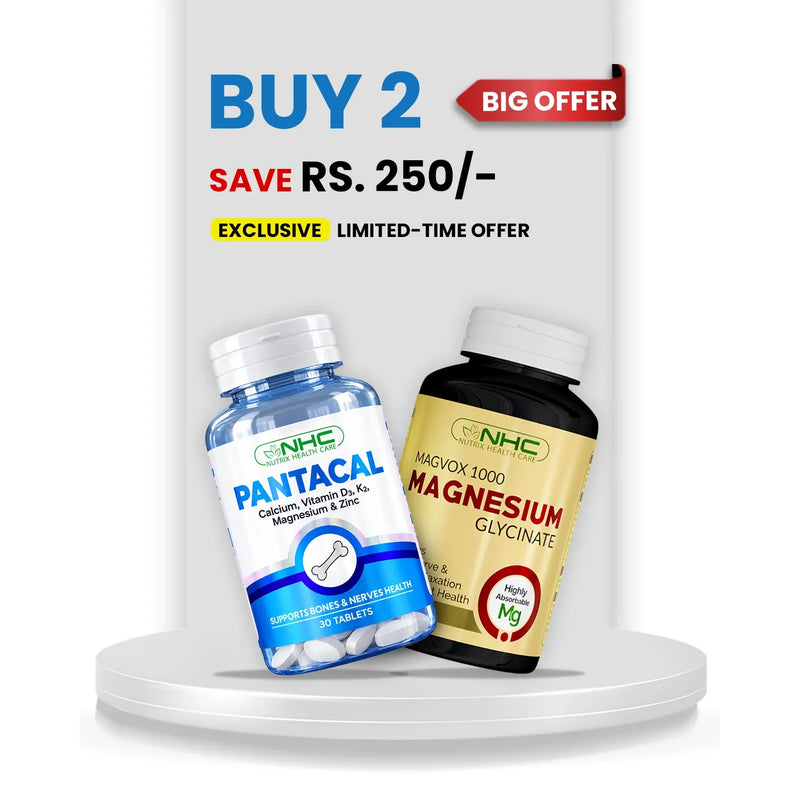 Buy 2 NHC Pantacal and Magvox 1000 Magnesium Glycinate bones and muscles support duo, save Rs. 250, limited-time offer