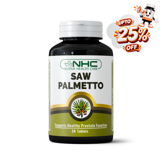 A bottle of NHC Nutrix Health Care Saw Palmetto dietary supplement with a white cap and a white, green, and gold label, shown on a white background with a promotional 'UPTO 25% OFF' cartoon badge in the top right corner.