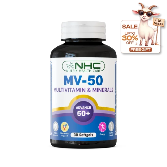 Multivitamin and minerals supplement bottle with NHC branding on a white background