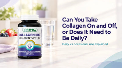Collagen Max tablets bottle beside a glass of water and a bowl of berries, with the title Can You Take Collagen On and Off