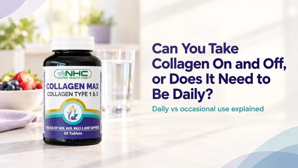 Collagen Max tablets bottle beside a glass of water and a bowl of berries, with the title Can You Take Collagen On and Off