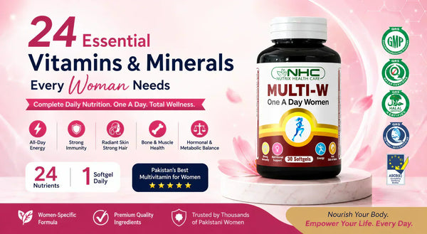 Multi-W women's multivitamin supplement featuring 24 essential vitamins and minerals for energy, immunity, hair, skin, nail and bone health in women.