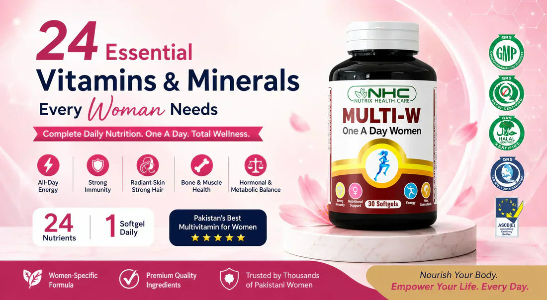 Multi-W women's multivitamin supplement featuring 24 essential vitamins and minerals for energy, immunity, hair, skin, nail and bone health in women.