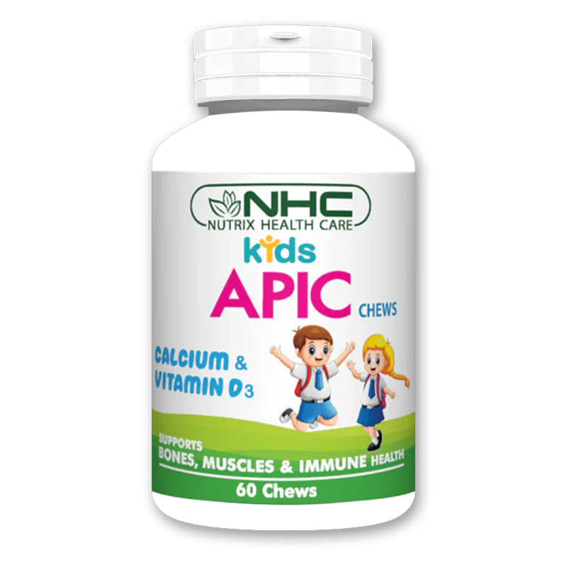 White supplement bottle labeled "NHC Nutrix Health Care Kids APIC Chews" containing calcium and vitamin D3, featuring cartoon illustrations of two children in school uniforms, with text indicating it supports bones, muscles, and immune health, 60 chews per bottle.