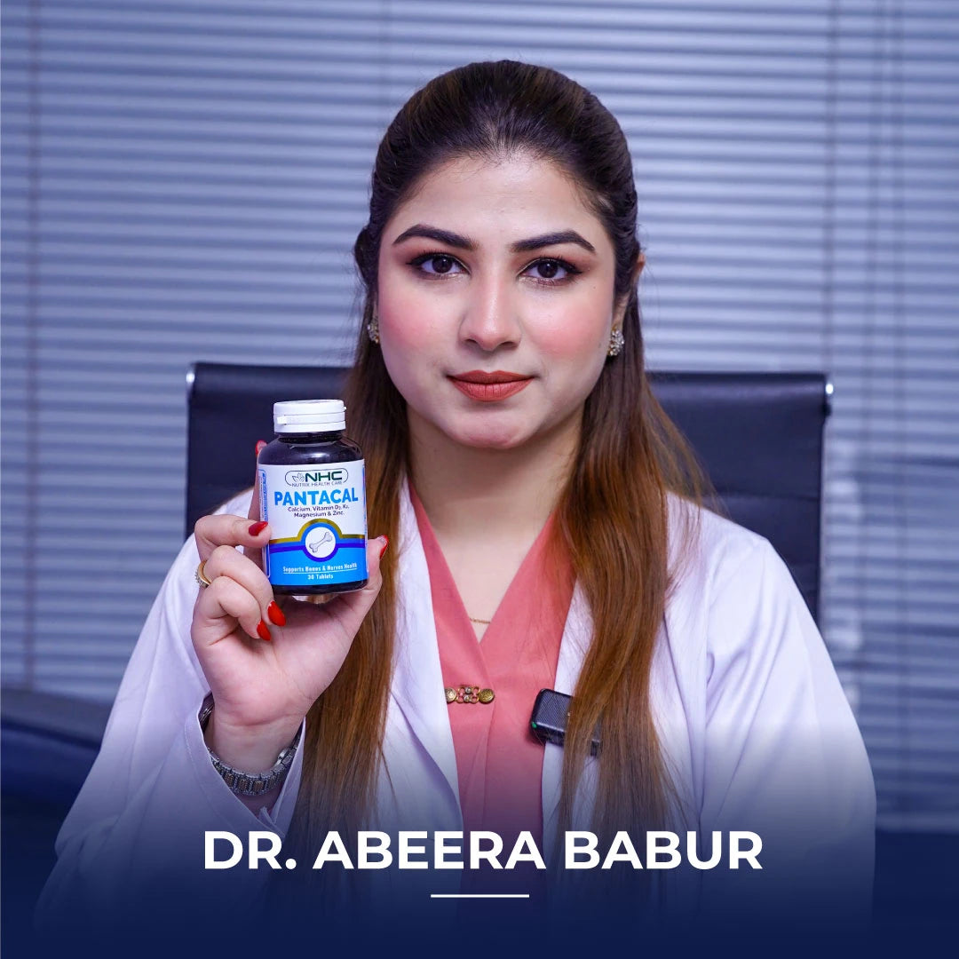 Dr. Abeera Babur endorsing Pantacal supplement in a promotional image.