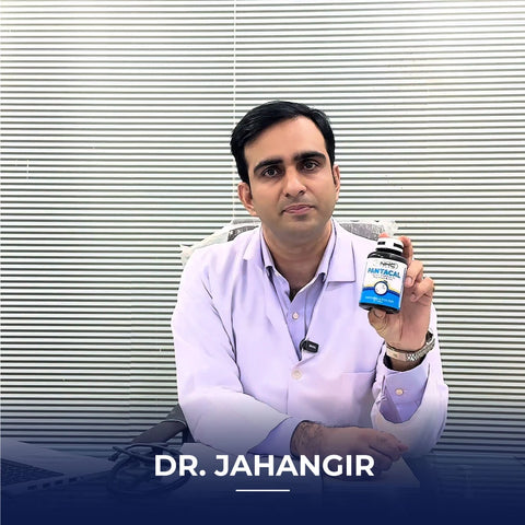 Dr. Jahangir is endorsing Pantacal supplement in a promotional image.