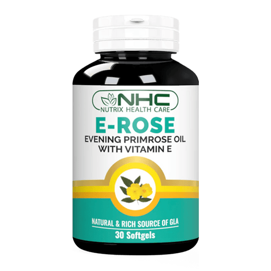 Nutrix Health Care E Rose bottle with 30 softgels. This product contains a rich blend of Evening Primrose Oil and Vitamin E.