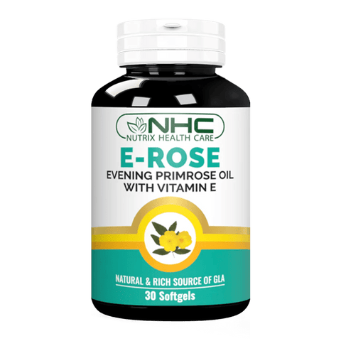Nutrix Health Care E Rose bottle with 30 softgels. This product contains a rich blend of Evening Primrose Oil and Vitamin E.