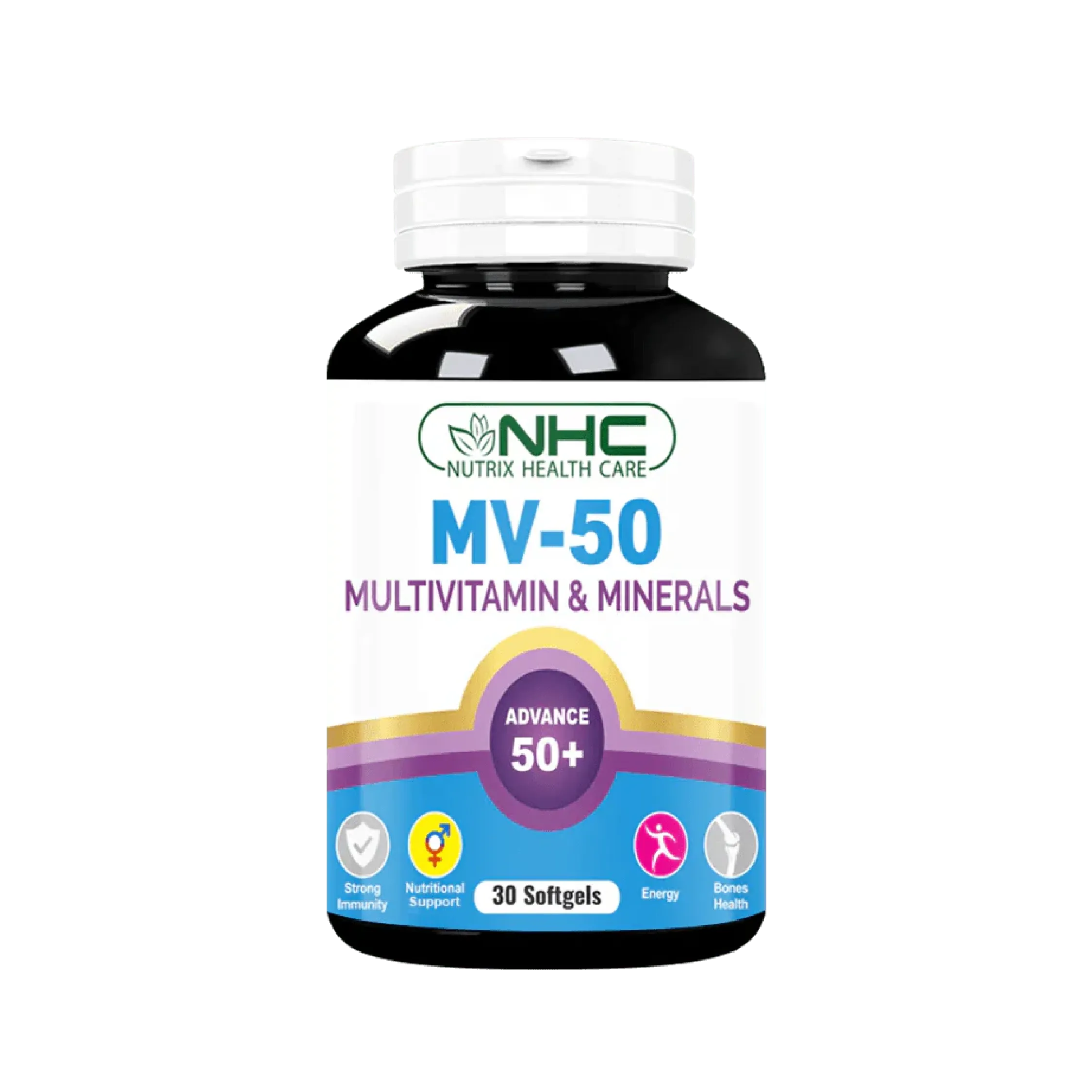 MV‑50 multivitamin softgel bottle, vitamins & minerals formula