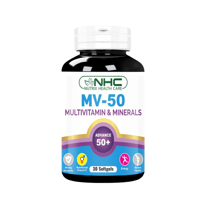 MV‑50 multivitamin softgel bottle, vitamins & minerals formula