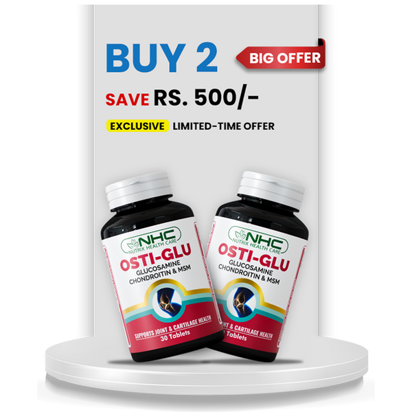 Care Joint Pain Relief Bundle with two Osti-Glu bottles for joint strength, mobility, and pain relief.