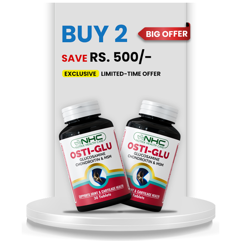 Care Joint Pain Relief Bundle with two Osti-Glu bottles for joint strength, mobility, and pain relief.