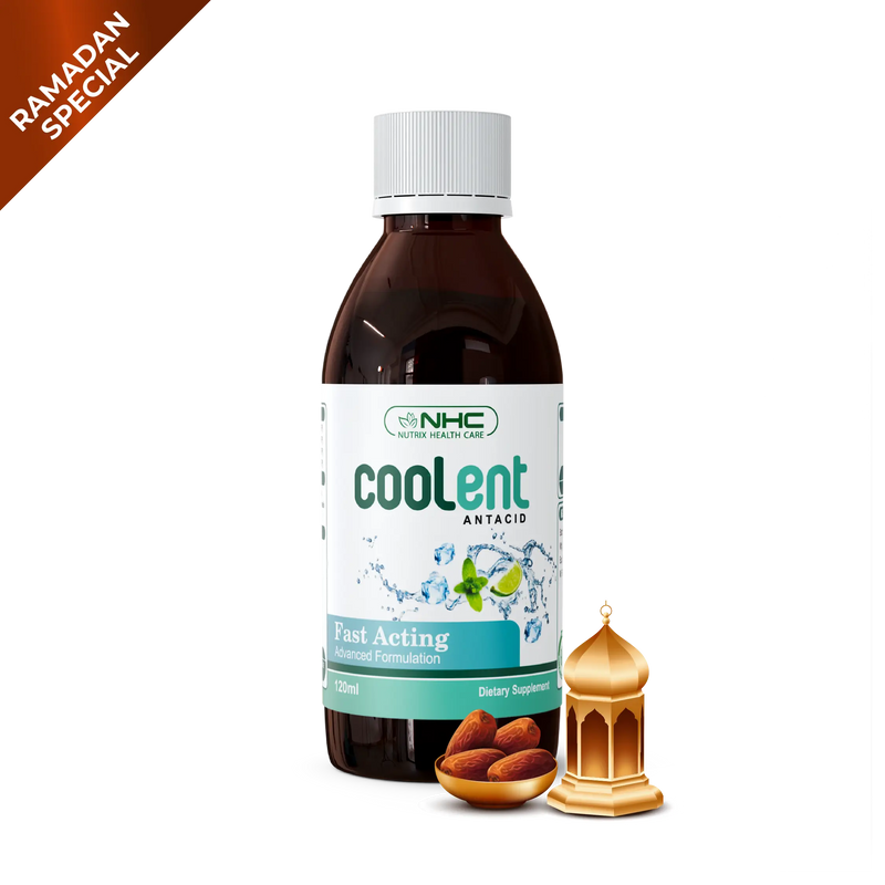 Ramadan Special Close-up of Coolent antacid syrup bottle with measuring cup, a fast-acting heartburn and acidity relief medicine in Pakistan.