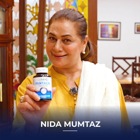 Nida Mumtaz endorsing Pantacal supplement in a promotional image.