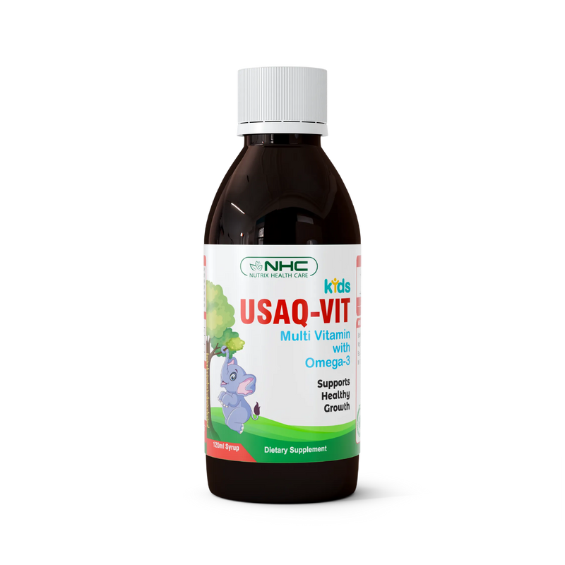 Usaq‑Vit Syrup children’s multivitamin, plus Omega‑3 for growth, immunity & brain support