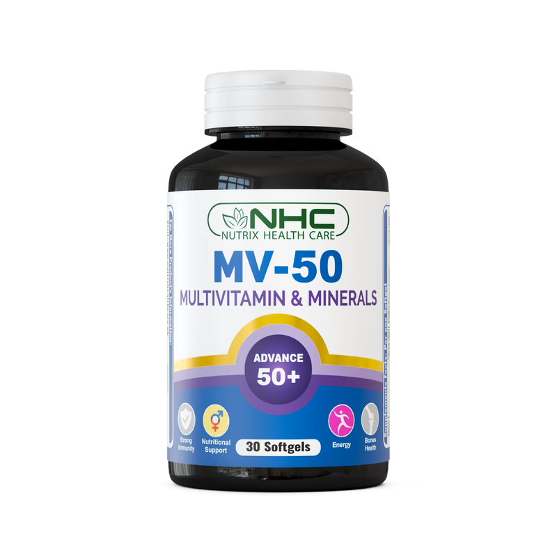 MV‑50 multivitamin softgel bottle, vitamins & minerals formula