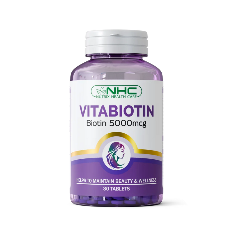 Nutrix Health Care VitaBiotin 5000 mcg biotin supplement bottle for hair skin and nails
