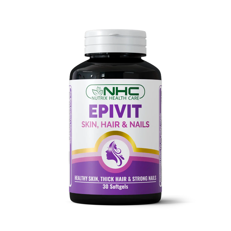 Epivit softgel bottle front, Hair Nails Skin formula with 11 nutrients