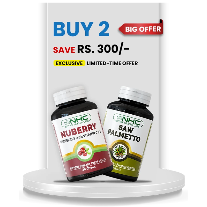 Nutrix Health Care Prostate & UTI Support Bundle showing two product bottles, Saw Palmetto and Nuberr,y side by side with bundle offer visuals