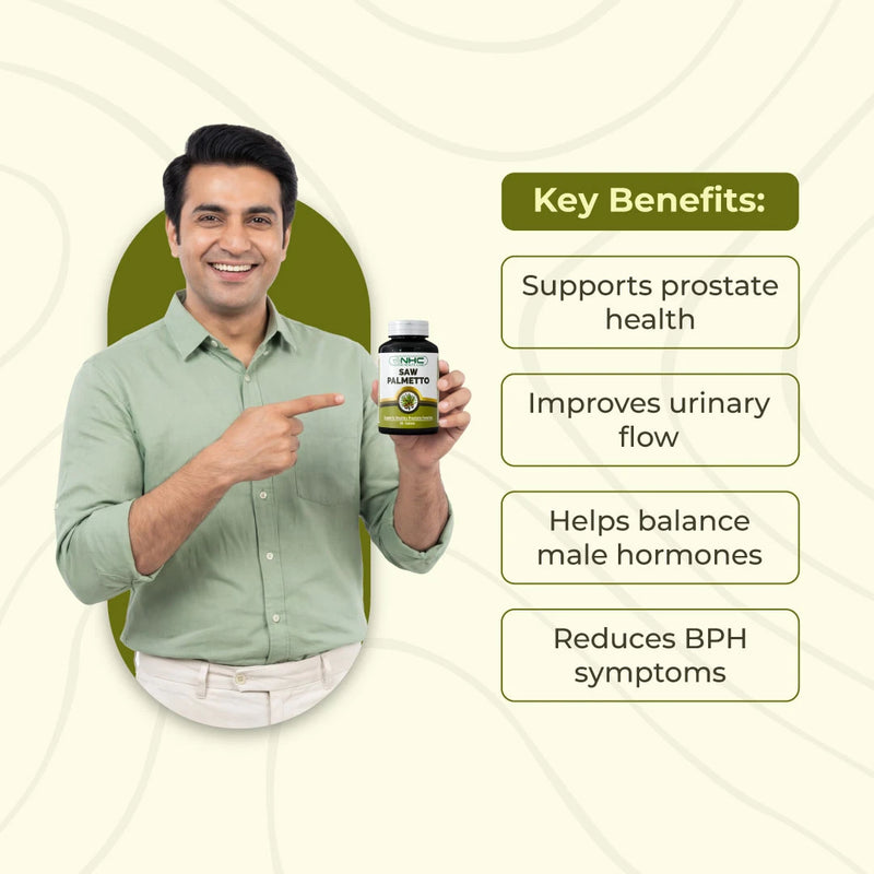 Influencer Azeem holding a saw palmetto supplement bottle in a promotional image.