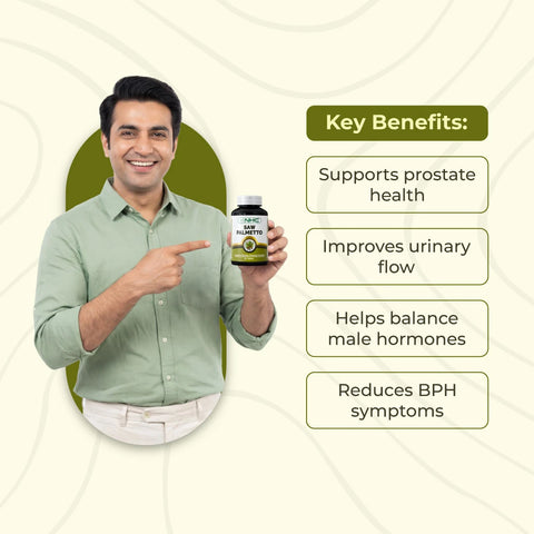 Influencer Azeem holding a saw palmetto supplement bottle in a promotional image.