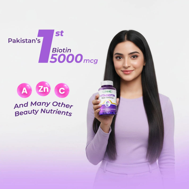 Promotional image showing a woman with long straight black hair wearing a light purple outfit, holding a bottle of Vitabiotin 5000 mcg
