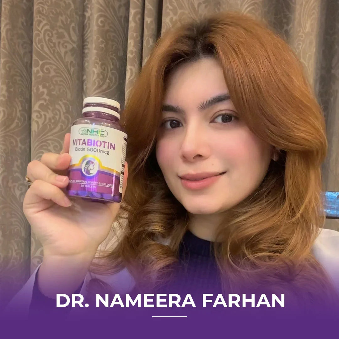 Woman holding a Vitabiotin 5000 mcg supplement bottle, with text reading “Dr. Nameera Farhan.”