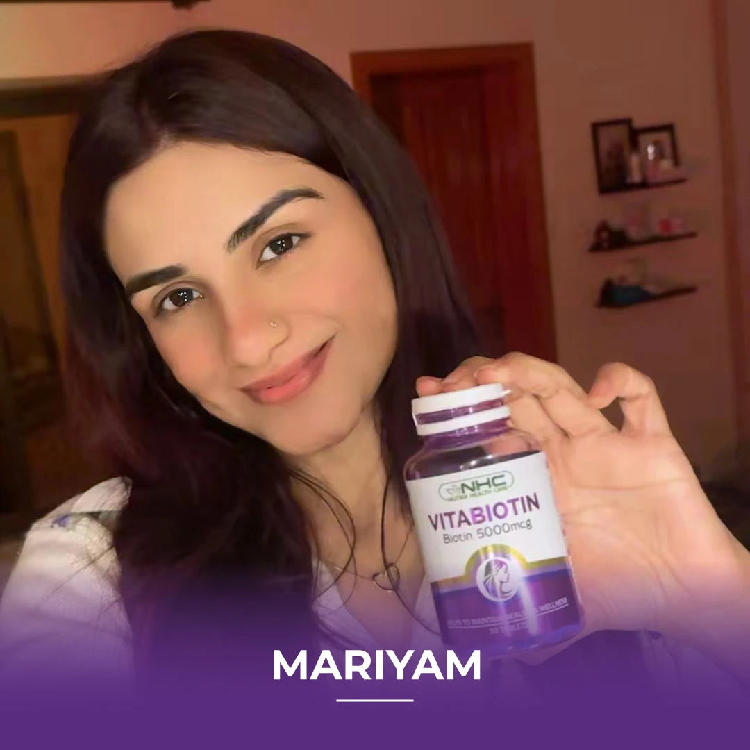 Vitabiotin 5000 mcg bottle, with text reading “Mariyam.”