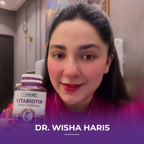 Vitabiotin 5000 mcg bottle, with text reading “Dr. Wisha Haris.”