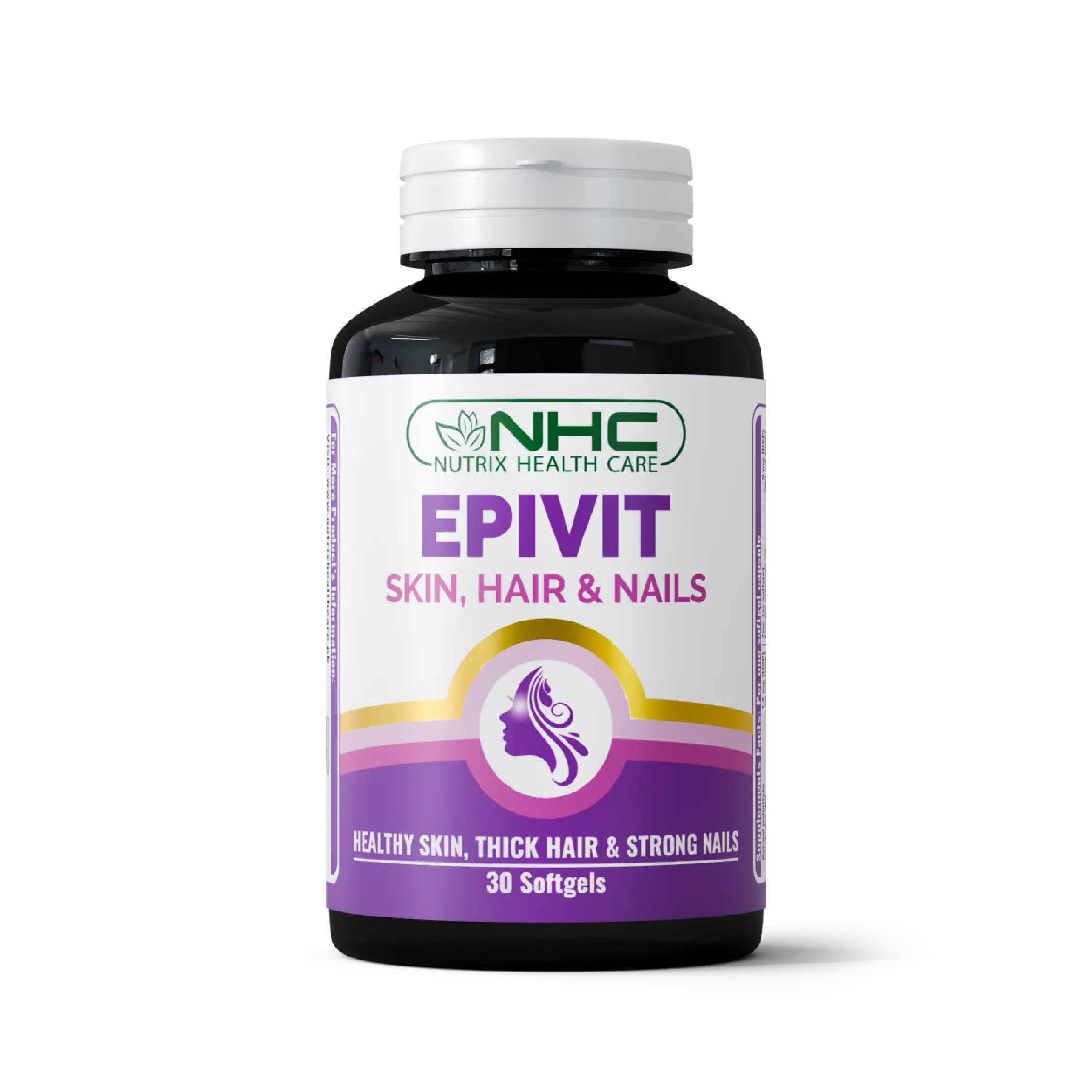 Epivit softgel bottle front, Hair Nails Skin formula with 11 nutrients