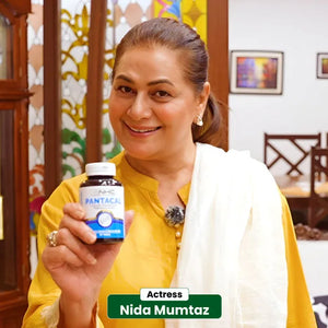Actress Nida Mumtaz smiling and holding NHC Pantacal Calcium supplement bottle for bones and nerves health