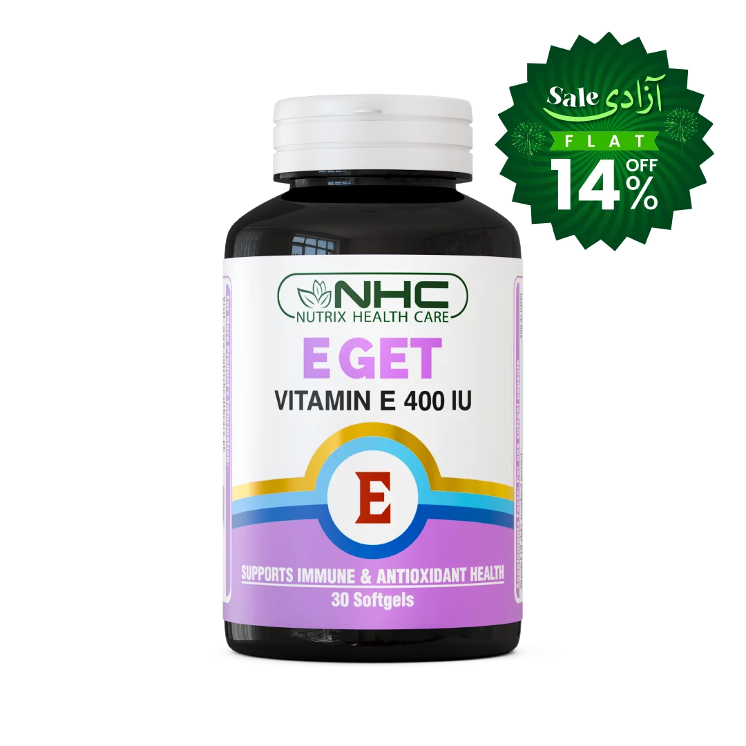 A bottle of NHC E-GET Vitamin E 400 IU softgels on a white background, featuring a green promotional badge in the top right corner.