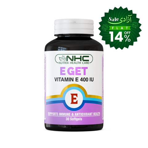 A bottle of NHC E-GET Vitamin E 400 IU softgels on a white background, featuring a green promotional badge in the top right corner.