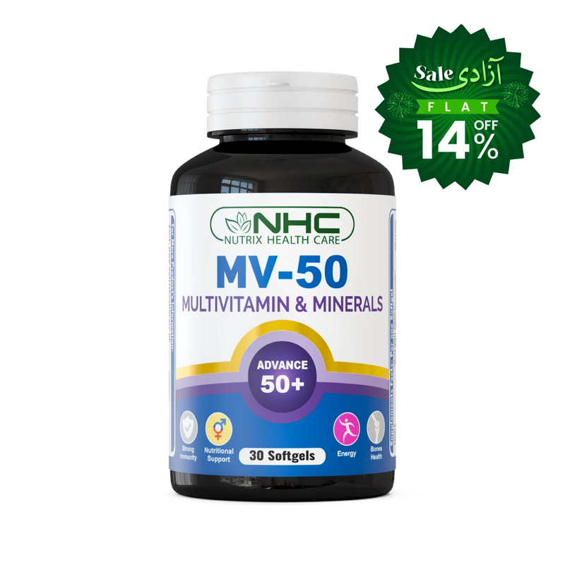 NHC Nutrix Health Care MV-50 Multivitamin & Minerals supplement bottle with a white cap and a white, blue, and purple label, shown on a white background with a green promotional sale badge in the top right.